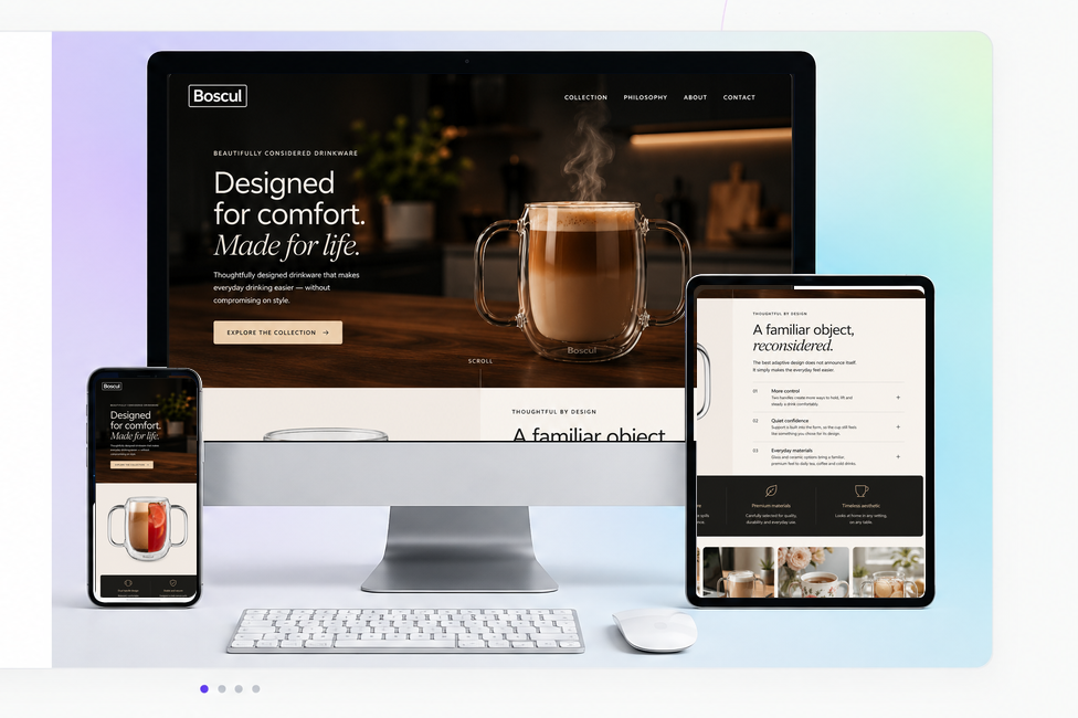 Boscul drinkware website shown on a desktop computer