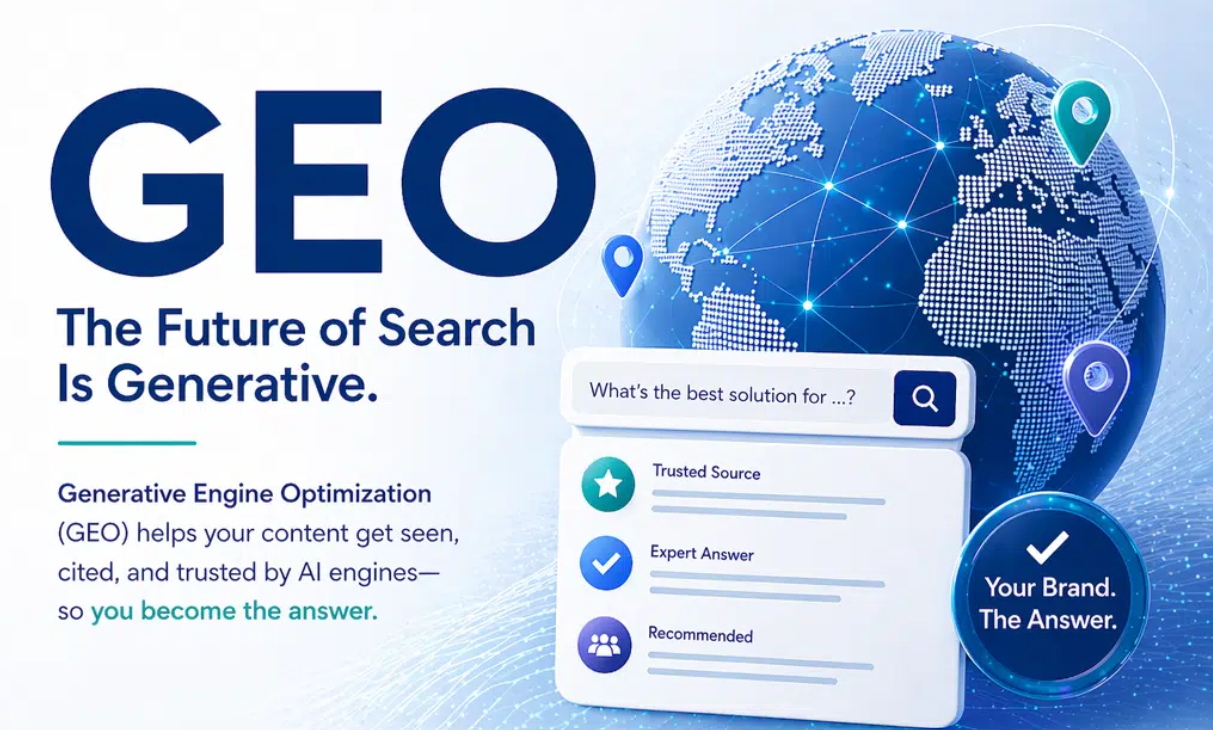 Generative Engine Optimisation illustration showing AI search, trusted sources, expert answers and brand visibility